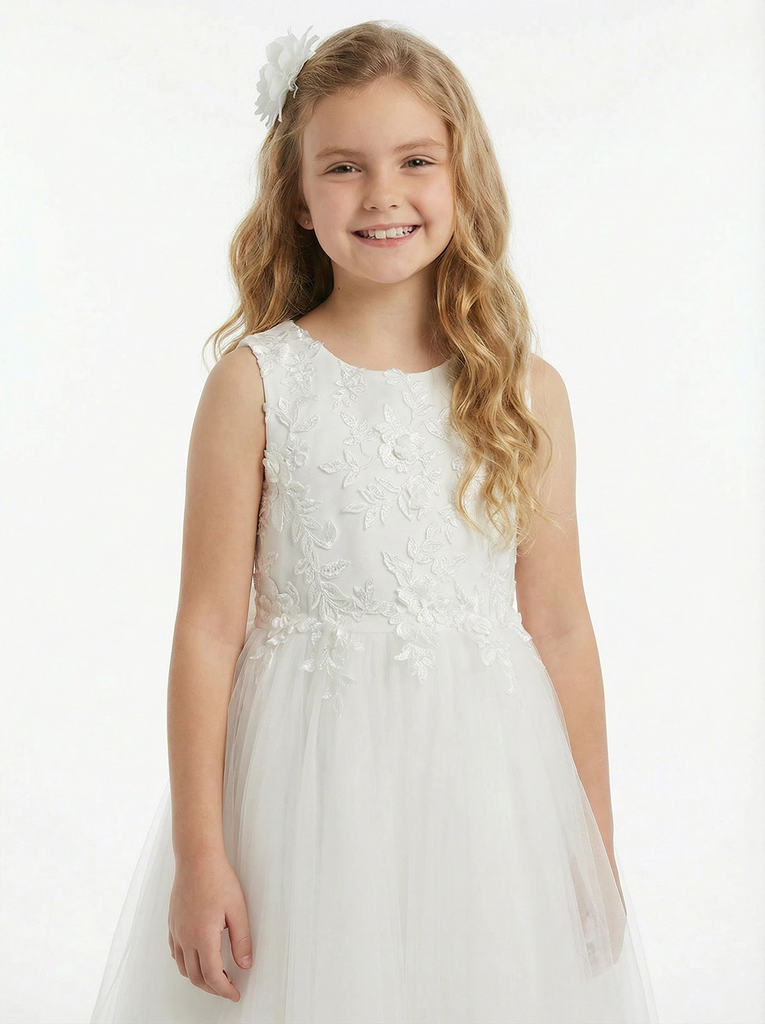 Sleeveless Round Neck Lace Embroidered Tulle Flower Girl Dress Cute A-Line Dress with Bow Back