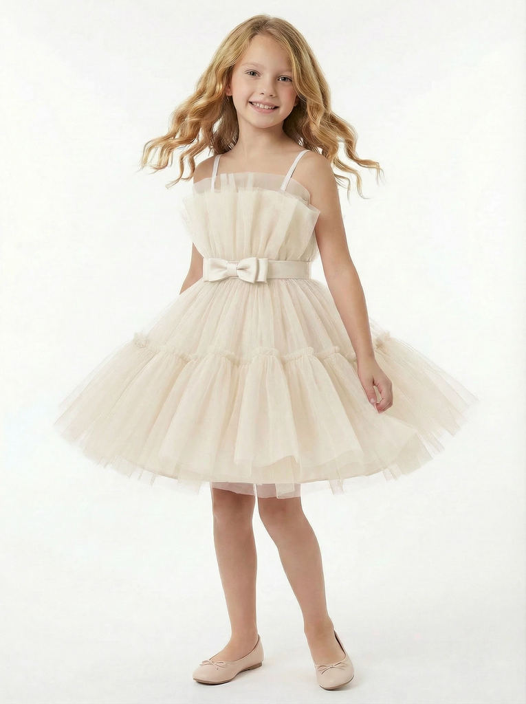 Spaghetti Strap Ruffled Tulle Flower Girl Dress Cute Tiered A-Line Dress with Bow Waist Detail