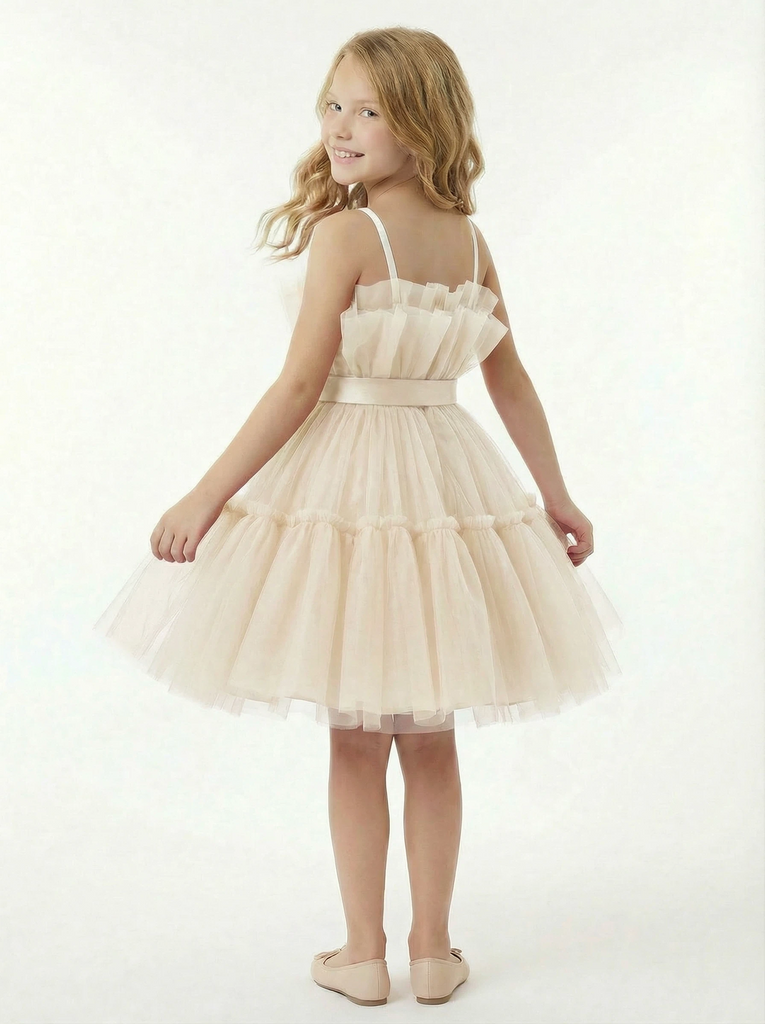 Spaghetti Strap Ruffled Tulle Flower Girl Dress Cute Tiered A-Line Dress with Bow Waist Detail