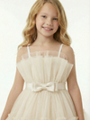 Spaghetti Strap Ruffled Tulle Flower Girl Dress Cute Tiered A-Line Dress with Bow Waist Detail