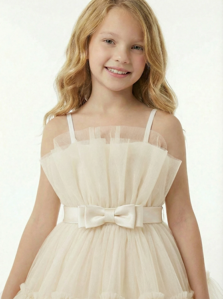 Spaghetti Strap Ruffled Tulle Flower Girl Dress Cute Tiered A-Line Dress with Bow Waist Detail