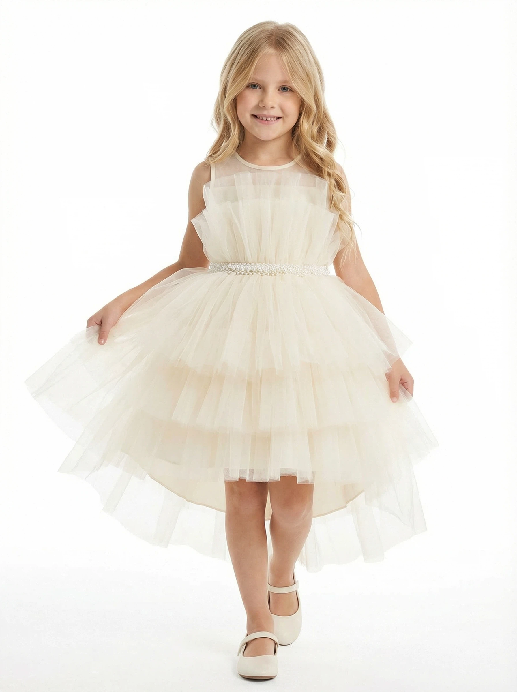 Sleeveless Sheer Neck Ruffled Tulle Flower Girl Dress Cute High-Low Tiered Dress with Pearl Waist