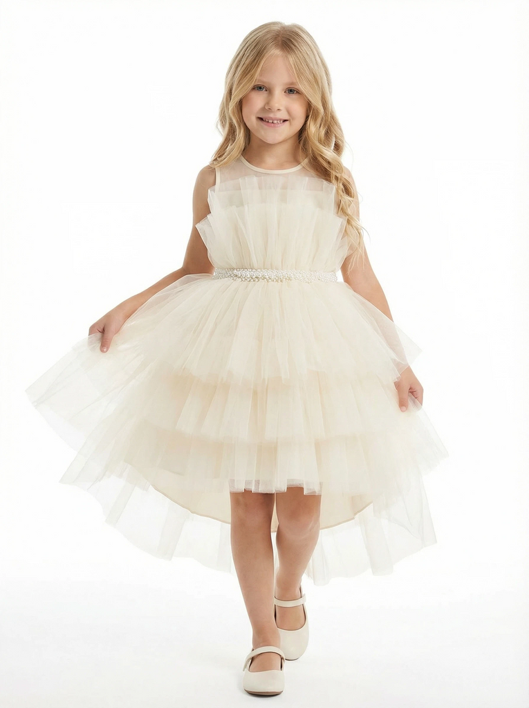 Sleeveless Sheer Neck Ruffled Tulle Flower Girl Dress Cute High-Low Tiered Dress with Pearl Waist- ChicSew, White