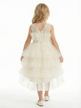 Sleeveless Sheer Neck Ruffled Tulle Flower Girl Dress Cute High-Low Tiered Dress with Pearl Waist