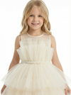 Sleeveless Sheer Neck Ruffled Tulle Flower Girl Dress Cute High-Low Tiered Dress with Pearl Waist