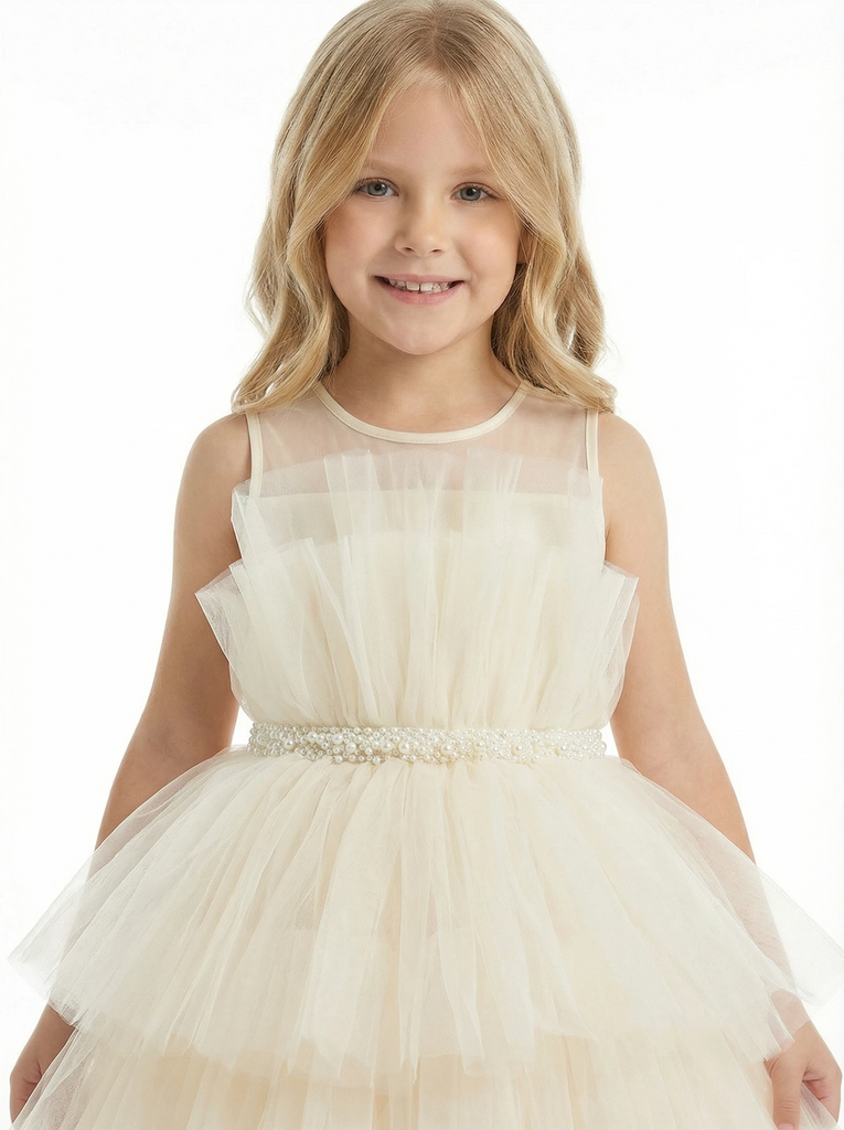Sleeveless Sheer Neck Ruffled Tulle Flower Girl Dress Cute High-Low Tiered Dress with Pearl Waist
