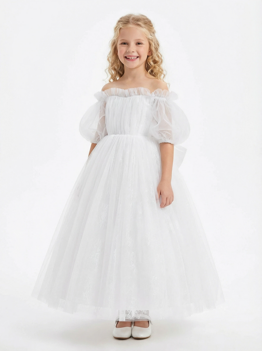 Off-the-Shoulder Puff Sleeve Tulle Flower Girl Dress Cute A-Line Lace Embroidered Long Dress