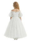 Off-the-Shoulder Puff Sleeve Tulle Flower Girl Dress Cute A-Line Lace Embroidered Long Dress