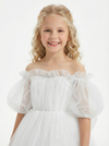 Off-the-Shoulder Puff Sleeve Tulle Flower Girl Dress Cute A-Line Lace Embroidered Long Dress