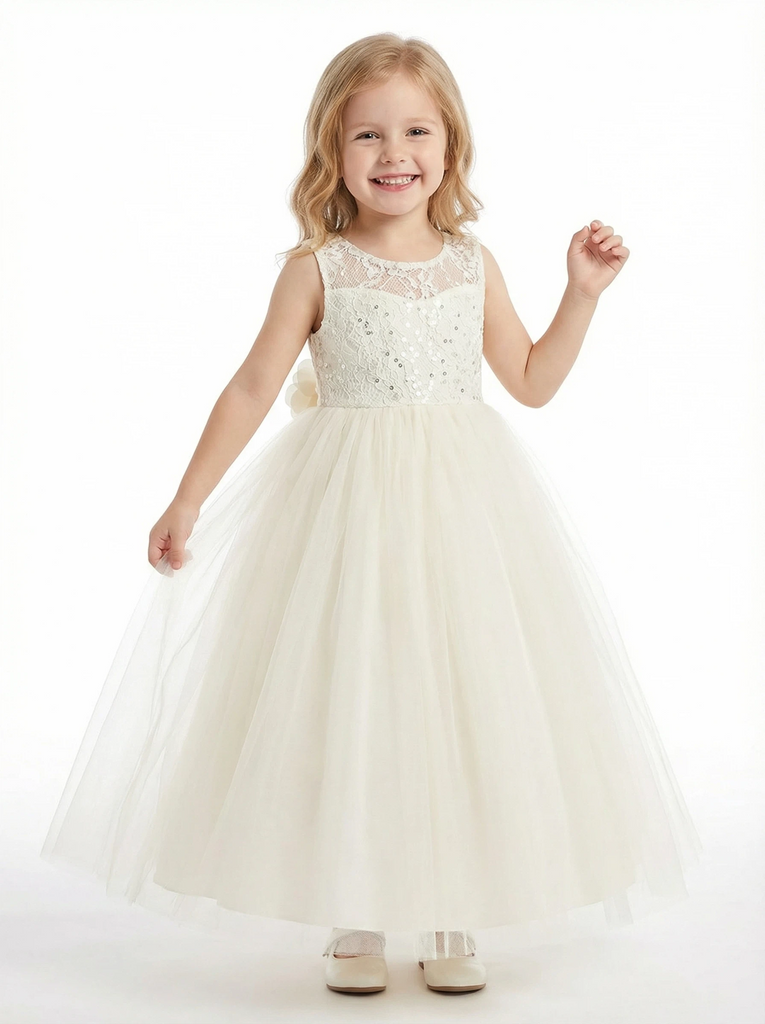 Sleeveless Round Neck Lace Sequin Tulle Flower Girl Dress Cute A-Line Flowy Dress with Bow Detail