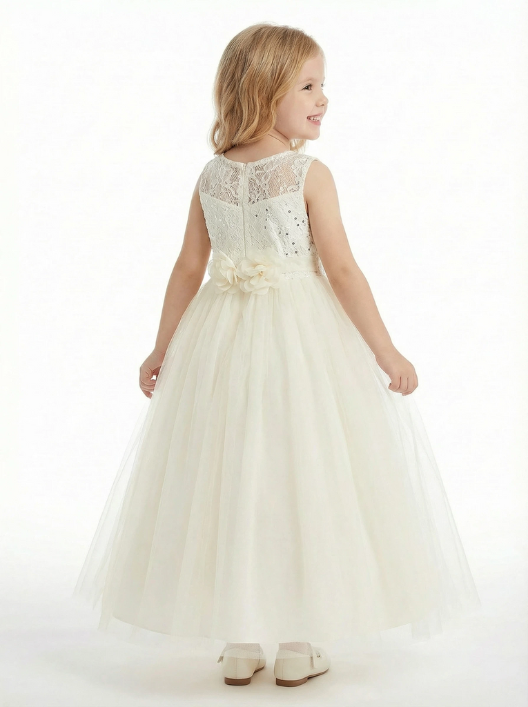 Sleeveless Round Neck Lace Sequin Tulle Flower Girl Dress Cute A-Line Flowy Dress with Bow Detail - ChicSew, Off-White Sleeveless Round Neck Lace Sequin Tulle Flower Girl Dress Cute A-Line Flowy Dress with Bow Detail - ChicSew, Off-White