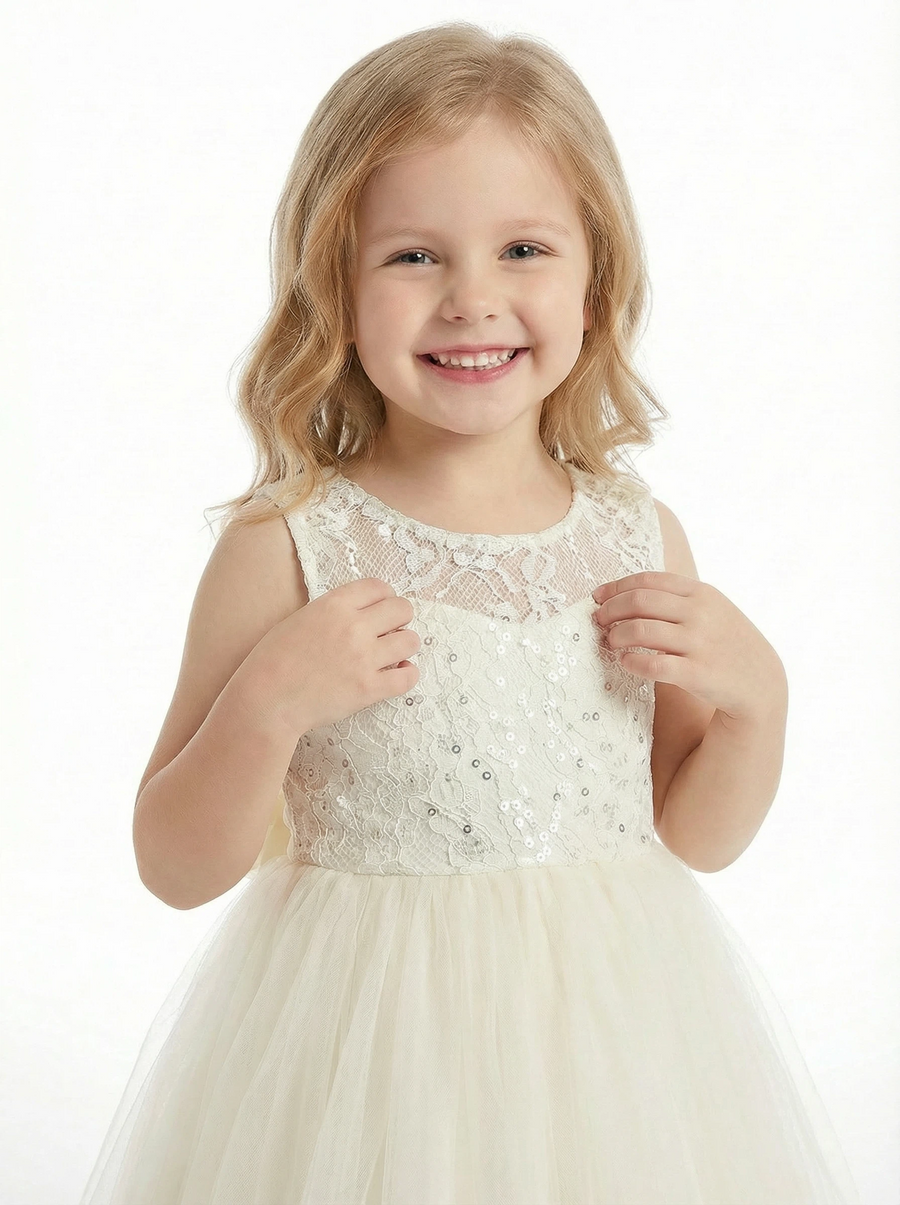 Sleeveless Round Neck Lace Sequin Tulle Flower Girl Dress Cute A-Line Flowy Dress with Bow Detail