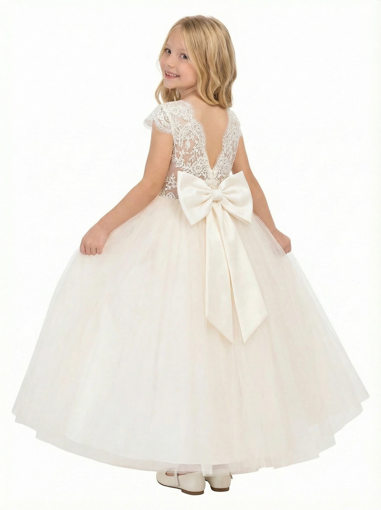 Short Lace Sleeve Round Neck Tulle Flower Girl Dress Cute A-Line Gown with Back Bow & V-Back Detail