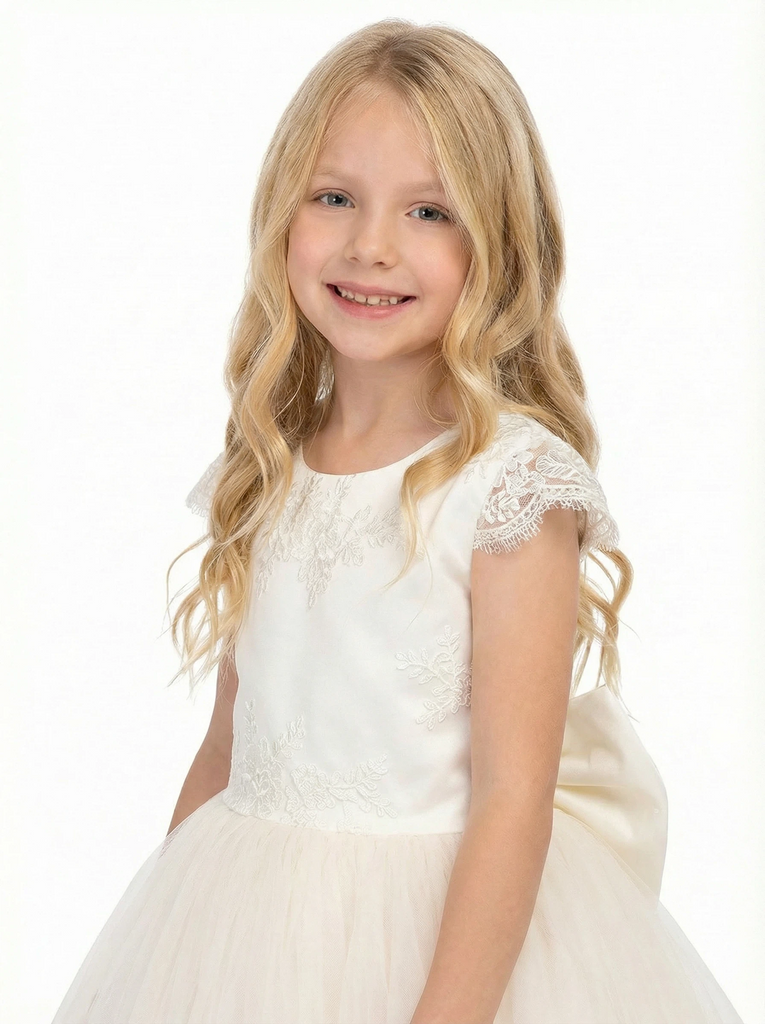 Short Lace Sleeve Round Neck Tulle Flower Girl Dress Cute A-Line Gown with Back Bow & V-Back Detail