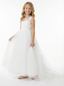 Sheer Neck Sleeveless Lace Tulle Flower Girl Dress Cute A-Line Gown with Back Bow & Train Detail