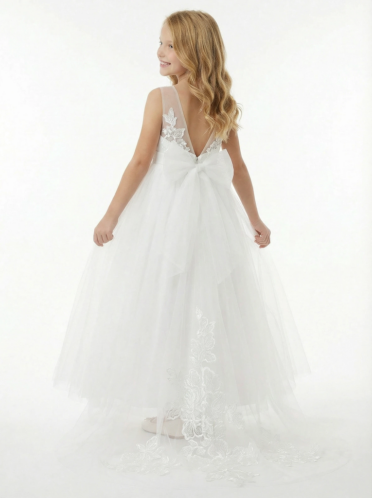 Sheer Neck Sleeveless Lace Tulle Flower Girl Dress Cute A-Line Gown with Back Bow & Train Detail
