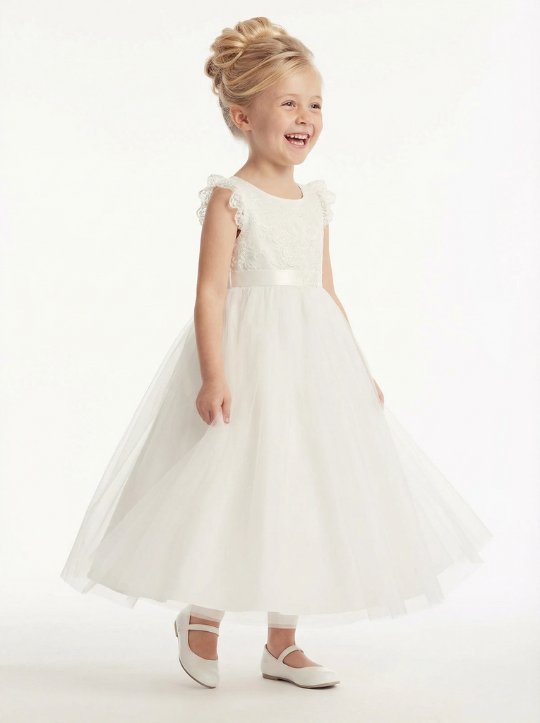 Round Neck Ruffled Lace Sleeve Tulle Flower Girl Dress Cute A-Line Gown with Satin Bow Waist
