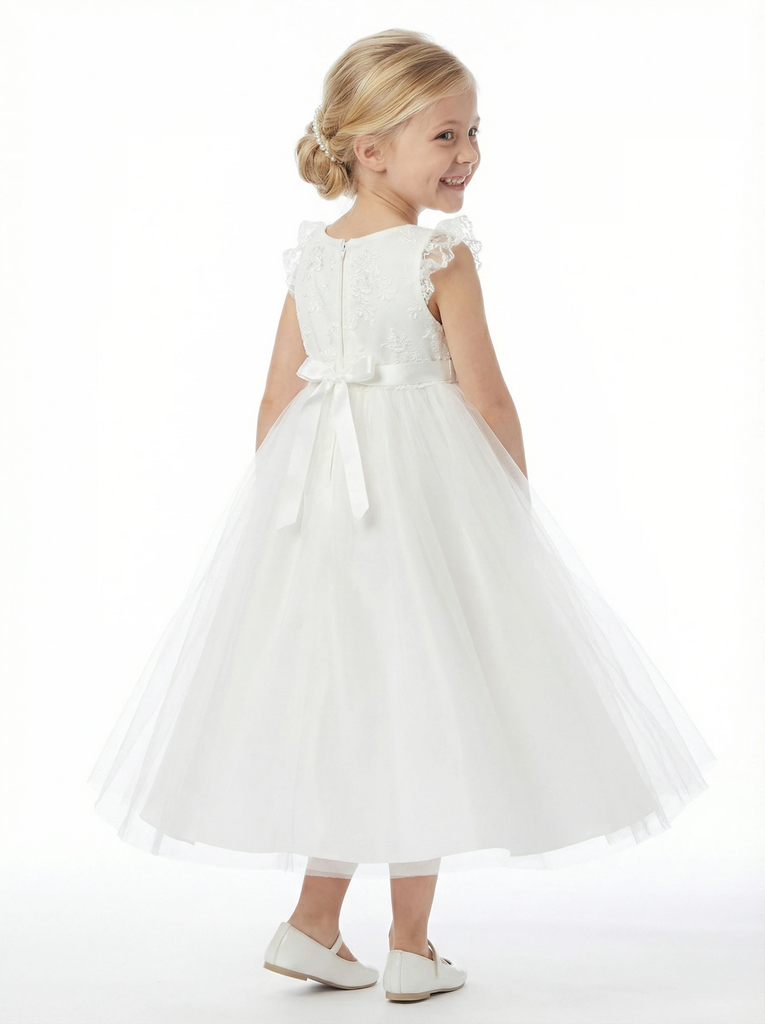 Round Neck Ruffled Lace Sleeve Tulle Flower Girl Dress Cute A-Line Gown with Satin Bow Waist