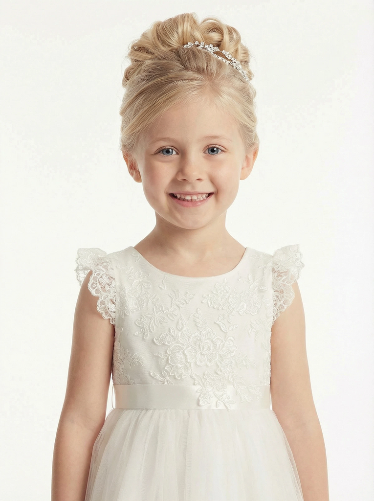 Round Neck Ruffled Lace Sleeve Tulle Flower Girl Dress Cute A-Line Gown with Satin Bow Waist
