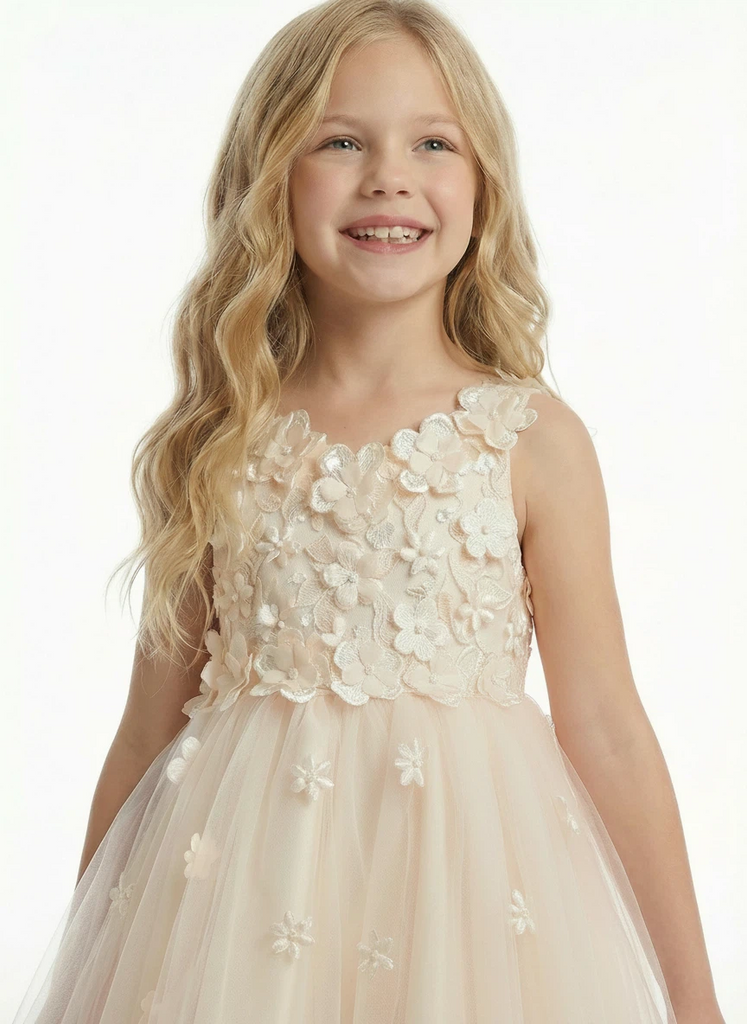 V-Neck Sleeveless Floral Lace Tulle Flower Girl Dress Cute High-Low Gown with Back Bow Detail