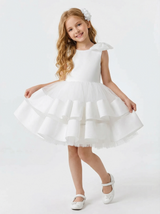 Round Neck Bow Shoulder Tiered Tulle Flower Girl Dress Cute A-Line Sleeveless Gown with Ruffled Skirt