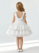 Round Neck Bow Shoulder Tiered Tulle Flower Girl Dress Cute A-Line Sleeveless Gown with Ruffled Skirt