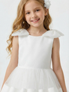 Round Neck Bow Shoulder Tiered Tulle Flower Girl Dress Cute A-Line Sleeveless Gown with Ruffled Skirt