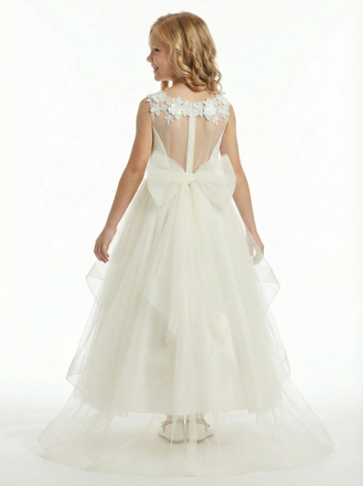Round Neck Sheer Lace Sleeveless Tulle Flower Girl Dress Cute A-Line Gown with Back Bow & Train