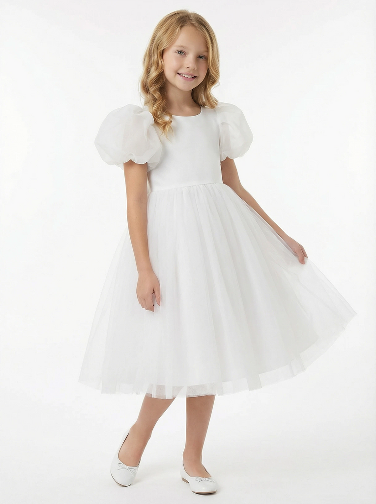 Round Neck Puff Sleeve Tulle Flower Girl Dress Cute A-Line Gown with Back Bow & Embellished Detail