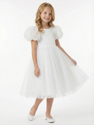 Round Neck Puff Sleeve Tulle Flower Girl Dress Cute A-Line Gown with Back Bow & Embellished Detail