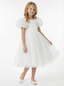 Round Neck Puff Sleeve Tulle Flower Girl Dress Cute A-Line Gown with Back Bow & Embellished Detail