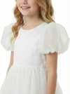 Round Neck Puff Sleeve Tulle Flower Girl Dress Cute A-Line Gown with Back Bow & Embellished Detail