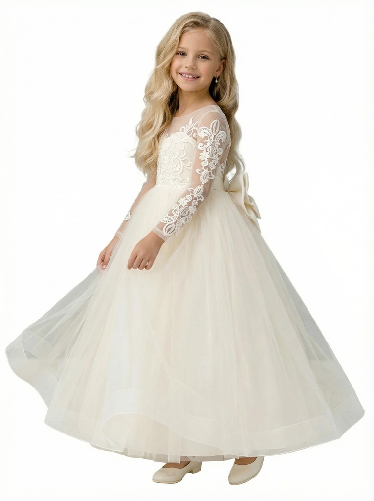 Long-Sleeve Sheer Round Neck Embroidered Lace Tulle Flower Girl Gown A-Line Floor-Length Dress with Large Back Bow Detail