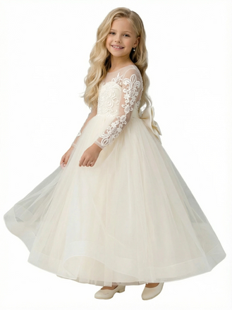 Long-Sleeve Sheer Round Neck Embroidered Lace Tulle Flower Girl Gown A-Line Floor-Length Dress with Large Back Bow Detail