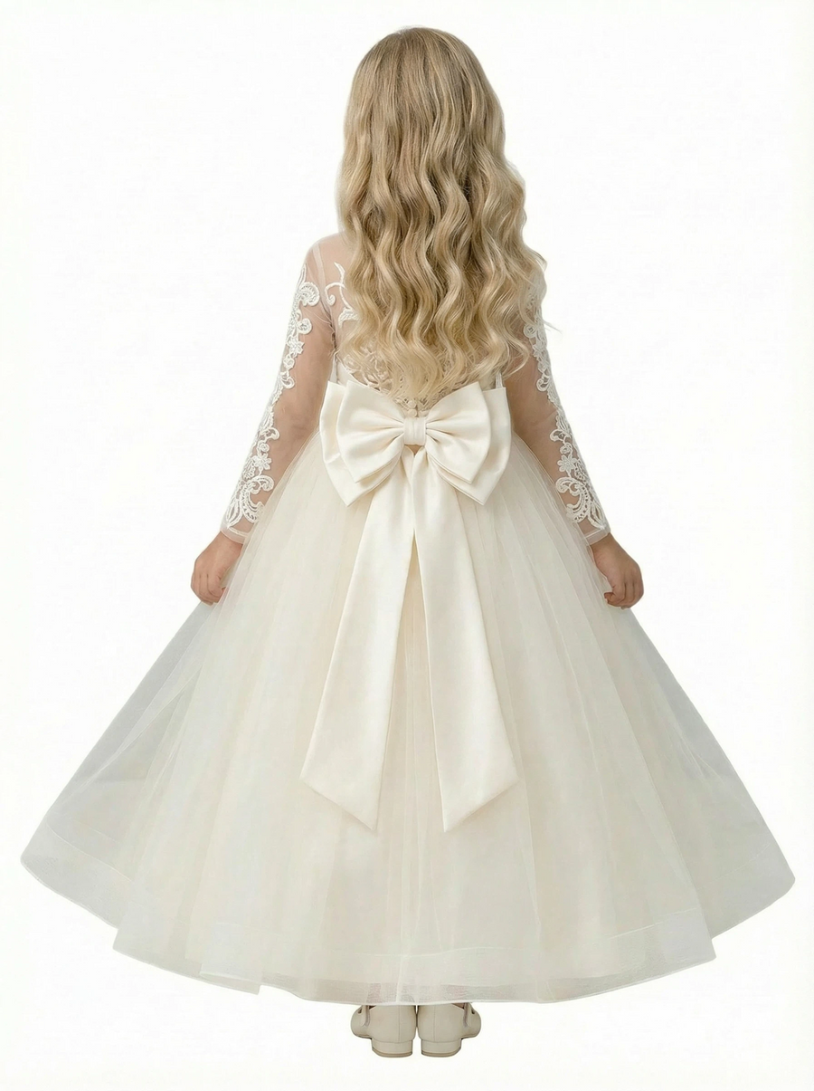 Long-Sleeve Sheer Round Neck Embroidered Lace Tulle Flower Girl Gown A-Line Floor-Length Dress with Large Back Bow Detail