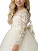 Long-Sleeve Sheer Round Neck Embroidered Lace Tulle Flower Girl Gown A-Line Floor-Length Dress with Large Back Bow Detail