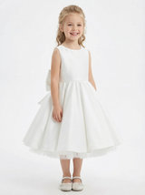 Sleeveless Round Neck Satin Flower Girl Dress A-Line Knee-Length Gown with Cutout Back & Oversized Bow Detail