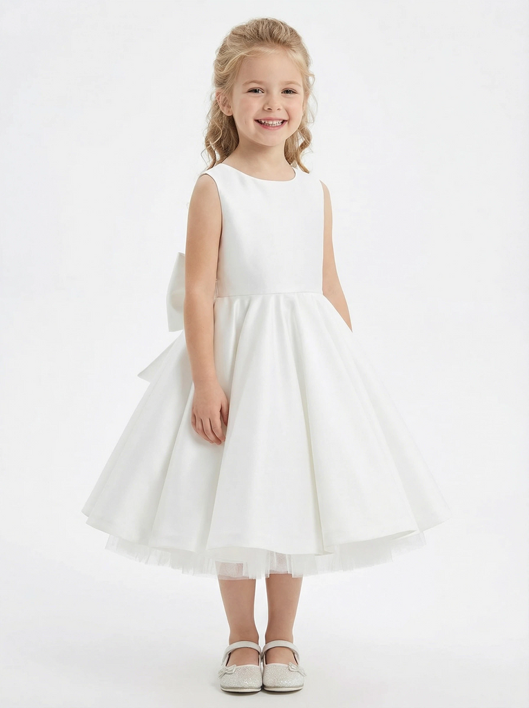 Sleeveless Round Neck Satin Flower Girl Dress A-Line Knee-Length Gown with Cutout Back & Oversized Bow Detail