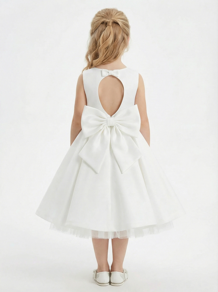 Sleeveless Round Neck Satin Flower Girl Dress A-Line Knee-Length Gown with Cutout Back & Oversized Bow Detail
