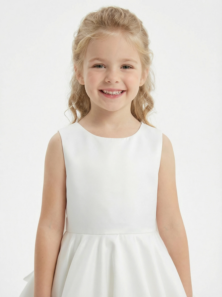 Sleeveless Round Neck Satin Flower Girl Dress A-Line Knee-Length Gown with Cutout Back & Oversized Bow Detail