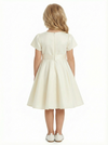 Short-Sleeve Round Neck Satin Flower Girl Gown A-Line Knee-Length Dress with Waist Sash Detail