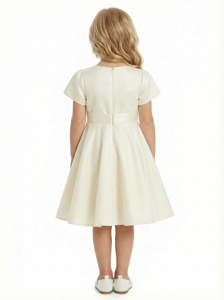 Short-Sleeve Round Neck Satin Flower Girl Gown A-Line Knee-Length Dress with Waist Sash Detail