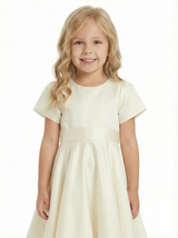 Short-Sleeve Round Neck Satin Flower Girl Gown A-Line Knee-Length Dress with Waist Sash Detail