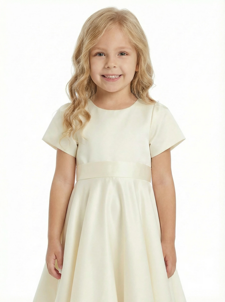 Short-Sleeve Round Neck Satin Flower Girl Gown A-Line Knee-Length Dress with Waist Sash Detail