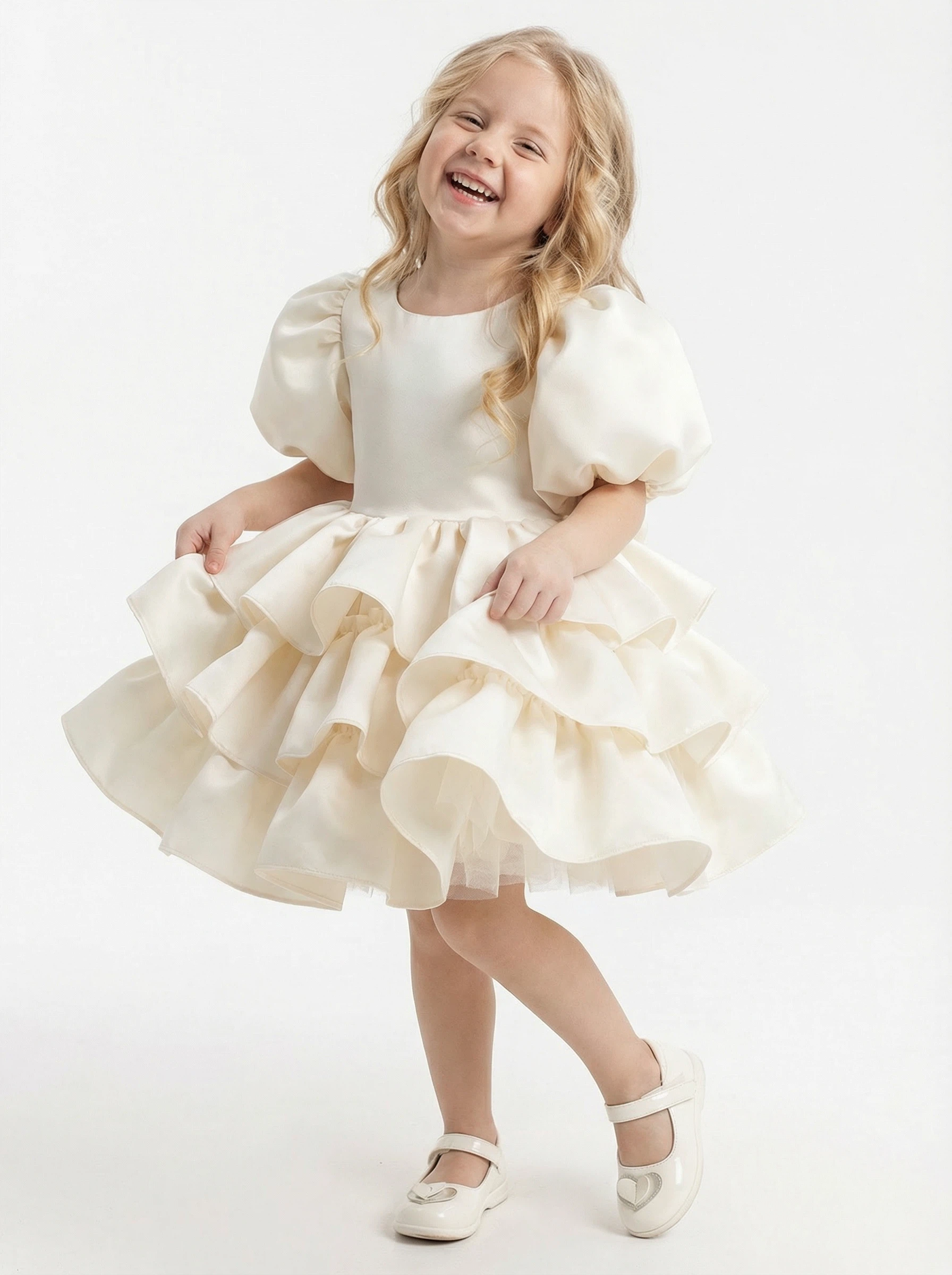 Puff-Sleeve Round Neck Satin Flower Girl Dress Tiered A-Line Knee-Length Gown with Deep V-Back & Oversized Bow