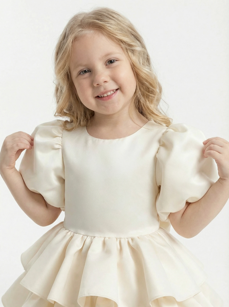 Puff-Sleeve Round Neck Satin Flower Girl Dress Tiered A-Line Knee-Length Gown with Deep V-Back & Oversized Bow