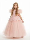 A-Line Round Neck Lace Tulle Flower Girl Dress Cute Puff Sleeve Formal Elegant Flower Tulle Dress for Kids