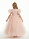 A-Line Round Neck Lace Tulle Flower Girl Dress Cute Puff Sleeve Formal Elegant Flower Tulle Dress for Kids