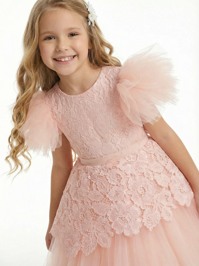 A-Line Round Neck Lace Tulle Flower Girl Dress Cute Puff Sleeve Formal Elegant Flower Tulle Dress for Kids