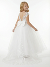A-Line Round Neck Lace Tulle Flower Girl Dress Open Back Bow Accent Elegant Flower Tulle Dress for Formal Events